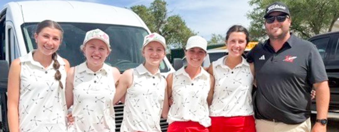 The Lady Skyrockets conclude competition at the UIL Region 1-2A Golf Tournament Thursday, April 16 at Palo Duro Creek Golf Course in Canyon. Led by an 18th-place finish by junior Maggie Tillman and a 22nd-place finish by junior Elli Ouellette, the Lady Rockets placed seventh overall in the team standings. From left: Anna Dwyer, Ouellette, Hartley Kane, Tillman, Brynlee Proffitt, Coach Klark Ashmore. WELLINGTON HIGH SCHOOL