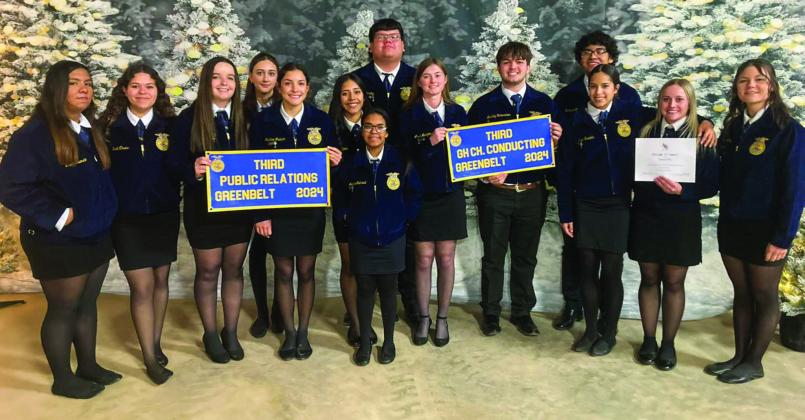 Memphis High School Future Farmers of America (FFA) members attend the Greenbelt District FFA District Banquet Monday, Dec. 9, collecting Leadership Development Event (LDE) banners, as well as receiving State FFA Degree acknowledgement. Photos Courtesy of Memphis ISD