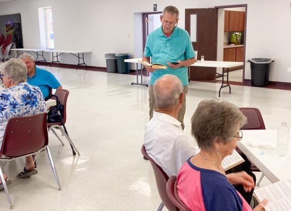 First Baptist Church (FBC) meets for the 55+ monthly luncheon Tuesday, May 12, welcoming 24 in attendance. Pastor Tim Medley offered the blessing, while Perry Foster led in the singing of “Heaven Came Down,” which was followed by a short devotional and upcoming church events. COURTESY PHOTO