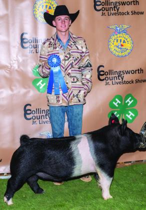 Travis Tillman exhibits the first-place Class 3 Hampshire Swine, purchased by Cattlemens Bank at the Premium Sale.