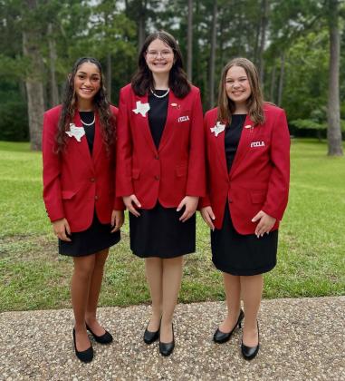 Childress High School Family, Career and Community Leaders of America Chapter Members, including Region I Vice President of Programs Inani Bhoja, Region I Vice President of Parliamentary Law Zoe Detwiler and Region I Vice President of Projects Emma Britten, recently attended Region and State Officer Leadership Training Sunday, June 8-Friday, June 13 at Camp Allen in Navasota. Childress FCCLA