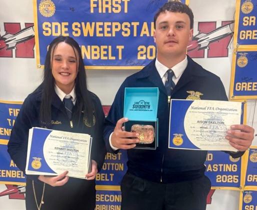 Senior Kenady Skelton receives recognition for being a Wellington Future Farmers of America Scholarship recipient, and her brother, sophomore Aison Skelton, accepts accolades for earning first place in the welding competition.