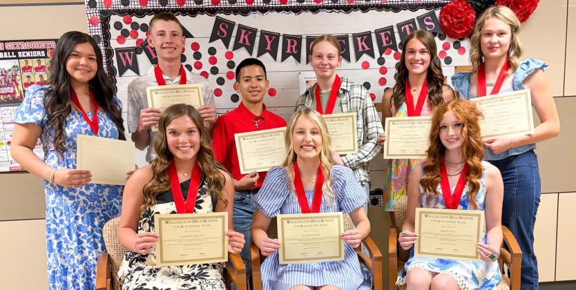Junior students garner Top 10 distinctions. Front row, from left: Ceighley Killian, first; Elli Ouellette, second; Ingrid Granadoz, third (not pictured); Bailey Page, fourth. Back row, from left: Kaycee Martinez, fifth; Carter Ouellette, sixth; Dahmian Salinas, seventh; Chloe Klassen, eighth; Maggie Tillman, ninth; Ellie Thomas, 10th.