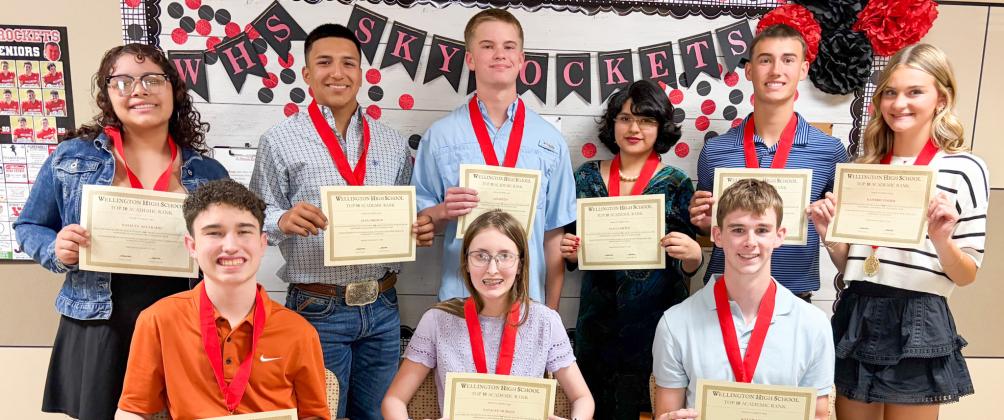 Sophomore students accept Top 10 accolades. Front row, from left: Jaxon Collins, first; Natalee Hudson, second; Kyler Keys, third. Back row, from left: Natalee Alvarado, fourth; Leo Granadoz, fifth (not pictured); Alex Orozco, sixth; Jax Heflin, seventh; Anali Cortez, eighth; Lawson Inman, ninth; Kambrie Fisher, 10th.