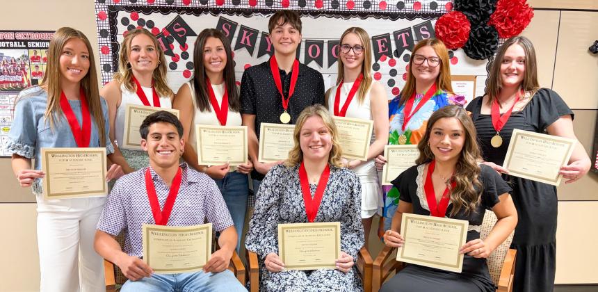 Senior students receive Top 10 honors. Front row, from left: Noah Cantu, first; Rylyn Colson, second; Treylea Wiebe, third. Back row, from left: Brynlee Phillips, fourth; Oakley Folk, fifth; Brynlee Proffitt, sixth; Dixon Dugan, seventh; Charlee Bodine, eighth; Jacy Lampe, ninth; Bailey Stegall, 10th. Additionally, Cantu, Colson, Wiebe and Phillips garnered the UIL Scholar Award. BEV ODOM/THE GREENBELT INTREPID