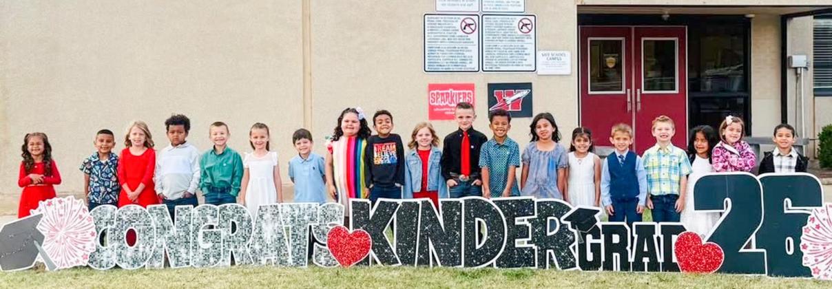 Kacy Cabbell’s Wellington Elementary School kindergarten Sparklers received their diplomas during a Friday, May 1 morning ceremony in the Wellington High School Gymnasium. From left: Amiaya Araiza, Jay Arizpe, Kellyn Conner, Cassius Hargrove, Stetson Kemp, Zella McDaniel, Liam Pyle, Baylee Rodriguez, Prince Roland, Aerin Sims, Mack Tarver, A’Mari Tillman, Peyton Torrez, Emilia Vaught, Hudson Warren, Barrett Weatherly, Ana Soto, Amilya Mitchell, Marty Garcia. WELLINGTON ELEMENTARY SCHOOL