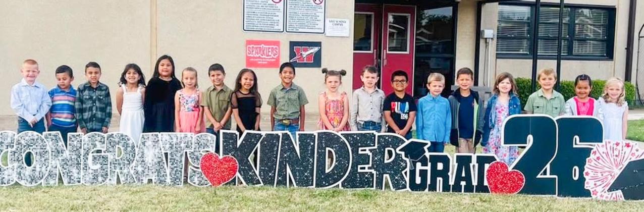 During a Friday, May 1 morning ceremony in the Wellington High School Gymnasium, Leslie Wiebe’s Wellington Elementary School kindergarten Sparklers received their diplomas. From left: Beckham Smith, Luke Luna, Van Thornberry, Anaisa Santiago, Abril Olvera, Gentry Nevarez, Christopher Medina, Ahlani Molina, Liam Marentes, Hadlee Huff, John Holton, Jeremiah Gonzales, Tristan Duke, Tyce Cantu, McKrae Byers, Pecos Breedlove, Alena Araiza, Monroe Allred. WELLINGTON ELEMENTARY SCHOOL