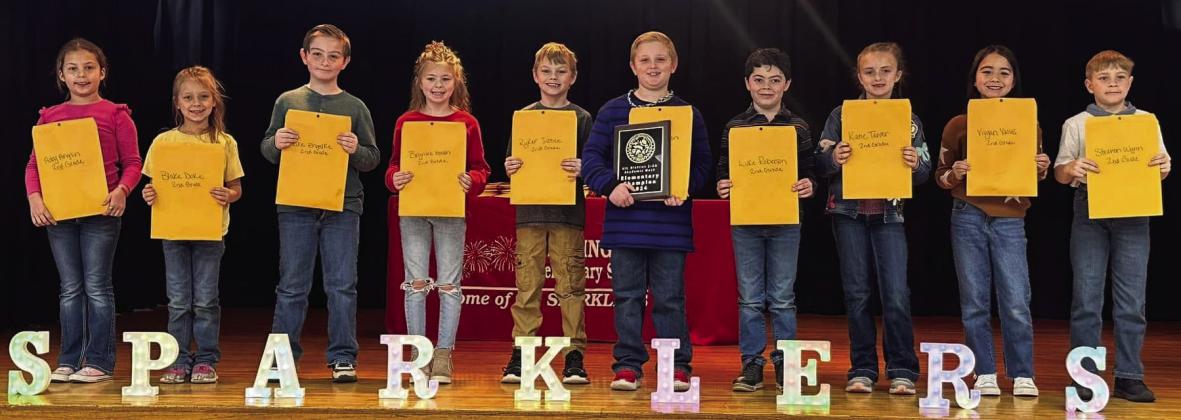 Wellington Elementary School second-grade UIL competitors include, from left, Addison Anglin, Blake Duke, Deuce Engleke, Brynlee Holton, Ryker Justice, Landry Mixon, Luke Roberson, Katie Tarver, Vivyan Valles, Stratton Wynn.