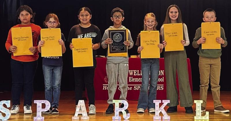 Wellington Elementary School third-grade UIL competitors also include, from left, Elenna Granados, Brinley Mock, Royalti Navarro, Leo Nunez, Perrie Reyna, Blair Ward, Kacen Wiebe.