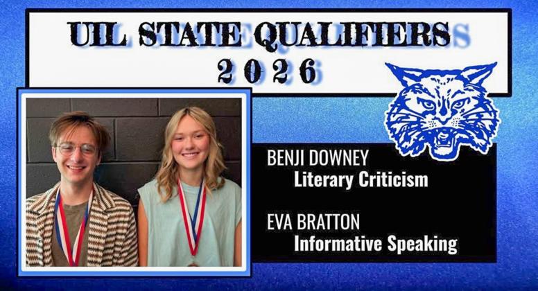 Competing at the 3A Region 1 Academic UIL meet, Eva Bratton and Benjamin Downey punched their ticket to the upcoming UIL Academic State Meet, placing within the top three of their respective events Friday, April 24. Bratton, who competed in Informative Speaking, finished third, as well as Downey, who competed in Literary Criticism. COURTESY PHOTO