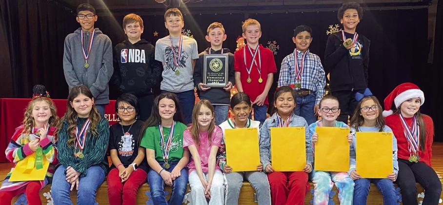 Wellington Elementary fourth-grade UIL competitors: Front row, from left: Evelyn Henard, Rachel Strickland, Angelina Vasquez, Kenzlea Taylor, Jessalee Peters, Seveyah Pena, Tylee Wiebe, Tatum Martin, Abbygale Torrez, Quinn Roberson. Back row, from left: Ray Marentes, Maverick O’Rear, Austin Marshall, Ben Peters, Radley Keys, Ryker Killian, Isaac Lewis.