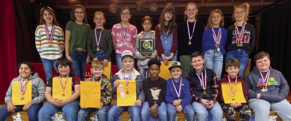Wellington Elementary fifth-grade UIL competitors. Front row, from left: Angel Segovia, Hunter Phipps, Barrett Wiebe, Kane Waters, D’Ray Conley, Wade Patterson, Garrison Proffitt, Keylen Jeffrey, Caleb Colson. Back, from left: Samarra Cantu, Brylnn Kemp, Halle Hedrick, Sophia Derr, Jazmyn Garcia, Emma Zaragoza, Kaesyn Kane, Claire Kane, Ava Kate Inman.