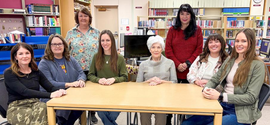 Gathering Thursday morning, Feb. 12, members of Collingsworth Public Library’s Board of Directors are passionate about the services offered by the library. Front row, from left: President Alison Strickland, Vice President Karoline Ashmore, Secretary Molly Sims and Members Linda Powell, Rachae Barlow and Elizabeth Keys. Back row, from left: Librarian Debbie George, Library Aide Cathy Andrewes. Not pictured: Board Member Judy Gurule, Library Aide Susie Klassen. The Red River Sun/Bev Odom