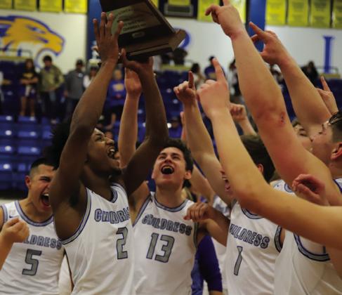 Childress’ Lamont Nickleberry celebrates with his team following a Regional Final Championship win over Brock Saturday, March 4 at Frenship High School’s Tiger Pit in Lubbock.