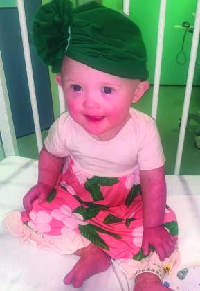 Almost 16-month-old Kaydence Mixon waits for her blood count to recover before beginning her third round of chemotherapy. Diagnosed in July with Acute Myeloid Leukemia (AML), she remains at Cook Children’s Medical Center in Fort Worth. Kaydence completed her second of six rounds of chemo Sept. 16. Courtesy Photo
