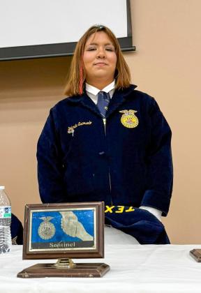 Memphis High School Future Farmers of America (FFA) members attend the Greenbelt District FFA Banquet, where the second-place Homesite, Land and Wildlife Judging teams were recognized, as well as the chapter received the first-place Career Development Events (CDE) Sweepstakes banner. Additionally, Lillie Ollinger retired from her position as the Greenbelt District Reporter, and Yolanda Escovedo was elected as the Greenbelt District Sentinel. MEMPHIS ISD