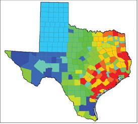 Texas county map vertex color identification.