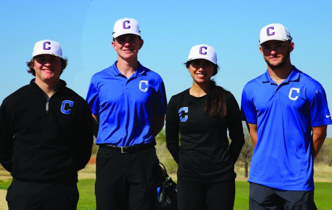 Childress High School’s Reid Felton, Elena Jurado, Custer Keys and Nick McMinn were recently selected to the Texas High School Coaches Association (THSCA) Academic All-State golf teams. From left, Felton, second team; Keys, first team; Jurado, first team; and McMinn, second team. Photo by Childress High School Yearbook