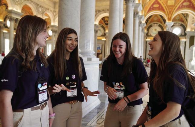 Students visit during the Texas Electric Cooperative Government-in-Action Youth Tour. From left: Ava Sims, Frenship High School; Melanie Ramirez, Patton Springs High School; Corbin Daniel, Childress High School; Meg Ridens, Childress High School.