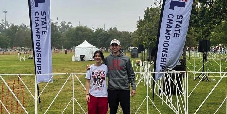 Wellington’s Addy Mock, left, finishes 59th at the UIL State Cross Country Championships Saturday, Nov. 4, securing a personal best of 13:06.70. Mock was coached by Cade Brown, right. Photo Courtesy of Wellington High School