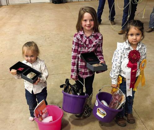 Childress County 4-H Horse Club participants receive championship awards for their participation in the recent 2024 Fall Playday Buckle Series. Lead line award winners include Champion Brinley Seal; Reserve Champion Tinlee Cabbell; Catalina Smith, third place. Not pictured is Stetlee Vest, fourth place. Courtesy Photos