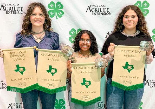 The Hall County 4-H Soil Judging team of Jordyn Altman, Briel Casas and Jasymne Gilchrest recently competed at the Texas 4-H State Roundup, Monday, June 1-Thursday, June 4 at Texas A&amp;amp;M University in College Station, punching their ticket to nationals. The championship team, Altman was the high-point individual, while Casas placed sixth and Gilchrest placed 10th. HALL COUNTY 4-H
