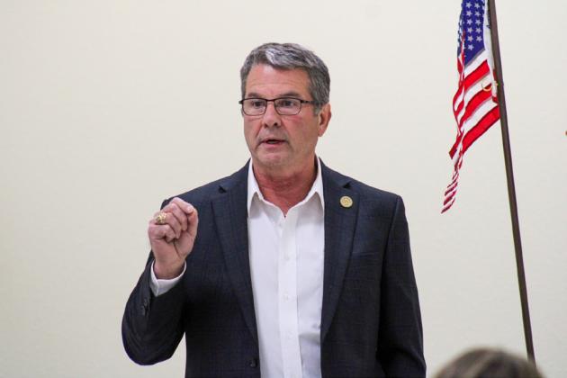 Sen. Charles Perry speaks to local constituents at the Childress town hall forum Tuesday, Jan. 18 at the Fair Park City Auditorium. The Red River Sun/Elizabeth Tanner