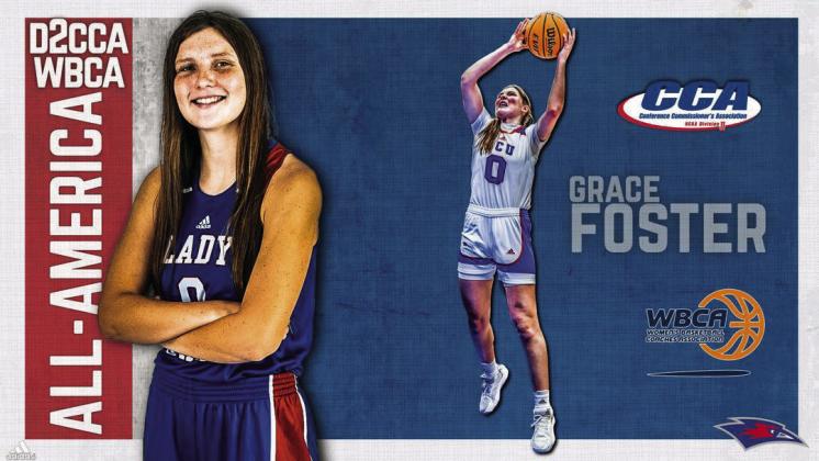 Lubbock Christian University’s Grace Foster, a 2021 Childress High School graduate, is chosen as a Division II Conference Commissioners Association’s 2022-23 Woman’s Basketball All-America Teams and Women’s Basketball Coaches Association’s 2023 WBCA NCAA Division II Coaches’ All-America Team selection. Graphic Courtesy of Lubbock Christian Unviersity