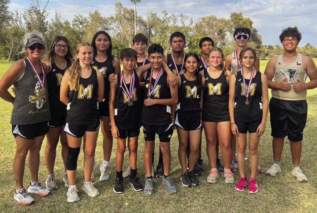 The Memphis Middle School and Memphis High School cross country teams compete at the UIL 2A District Meet Wednesday, Oct. 9 in Wheeler. Back row, from left: Coach Michelle Branigan, Briseyda Cantu, Ariya Garcia, Hutch Ollinger, Evin Zuniga, Demitri Sanchez, Kyler Robison, Nick Perez. Front row, from left: Mylee Robison, Aidan Hoffine, Julian Rodriguez, Mari Soto, Mikayla James, Elizabeth Hoffine. Photos Courtesy of Memphis ISD