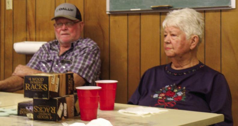 With lunch over and the tabled cleared, Dayne Whitten and Sug Reitmeier are ready for a game of Train. The game of Train, as well as dominoes, are always on the Thursday luncheon agenda at the Childress Senior Center.