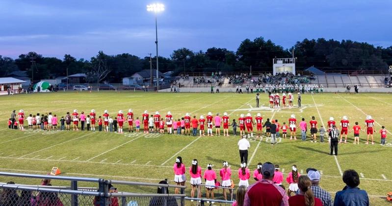 Wellington players and fans “pink out” Powell Field Friday, Oct. 24 in honor of Breast Cancer Awareness Month, as the Skyrockets handled the Shamrock Irish in a 67-7 win. Courtesy Photo