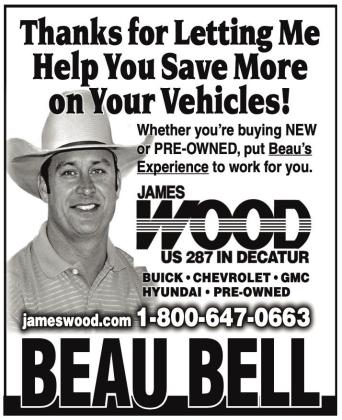 The Friday, Aug. 23 edition of “The Red River Sun” published the final James Wood new and used auto dealership advertisement, featuring longtime vehicle salesman Beau Bell, a Collingsworth County native. Image Courtesy of The Red River Sun
