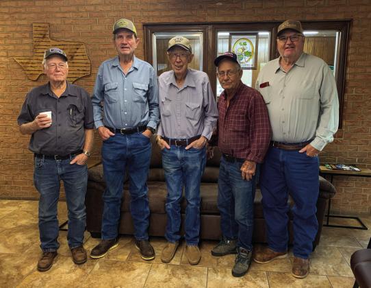 Longtime Hall County resident George Williams celebrates his 95th birthday at the Memphis Farmers Gin on Aug. 18. From left, Shelby Hignight, Exie Hughs, Williams, Mote P. Rogers and Terry P. Watson. Also in attendance were Wade Pepper, Chris Pepper, Thomas Parker, Jamie Snider, Cody Williams and Danny Davidson. Courtesy Photo