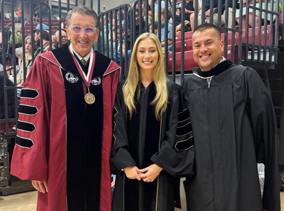 West Texas A&amp;M University President Dr. Walter V. Wendler, left, Student Body President Kyal Browne and Wellington High School Principal Jermaine Cantu pause for a photo prior to the West Texas A&amp;M University graduation ceremonies, where Cantu delivered the Alumni Charge at all four graduation proceedings.