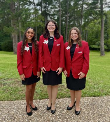 Childress High School Family, Career and Community Leaders of America Chapter Members, including Region I Vice President of Programs Inani Bhoja, Region I Vice President of Parliamentary Law Zoe Detwiler and Region I Vice President of Projects Emma Britten, recently attended Region and State Officer Leadership Training Sunday, June 8-Friday, June 13 at Camp Allen in Navasota.