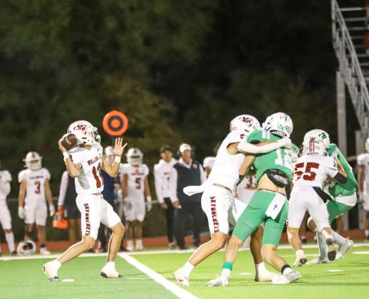 Wellington’s Callen Kane looks to throw a pass downfield during a District 5-2A Division II game Friday, Oct. 25, 2024, at El Paso Field in Shamrock.