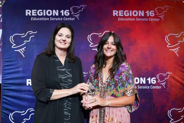 Memphis Middle School English Language Arts (ELA) teacher Haley Ollinger is selected as the 2026 Region 16 Secondary Teacher of the Year, awarded by Region 16 Education Service Center Executive Director Tanya Larkin.