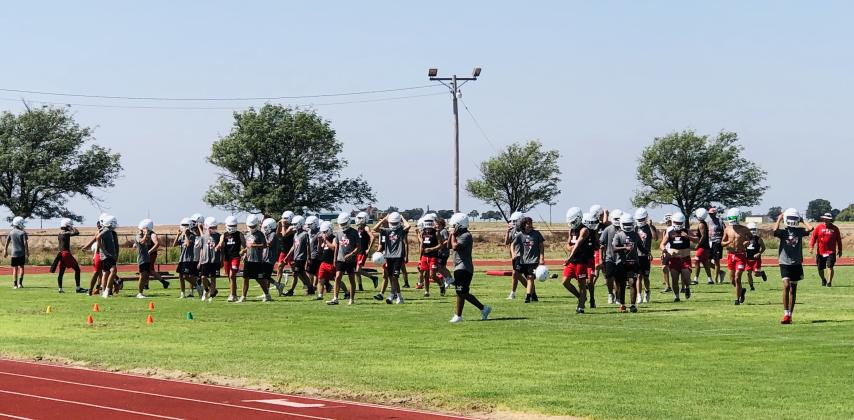 At #20 in Dave Campbell’s Texas Football’s high school ranking, the Wellington Skyrockets perform their final exercise as they wind down their first workout of their 2025 season Monday morning, Aug. 4.