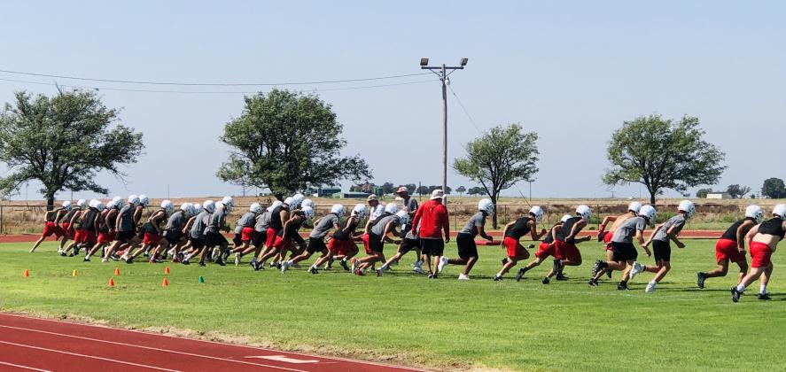 At #20 in Dave Campbell’s Texas Football’s high school ranking, the Wellington Skyrockets perform their final exercise as they wind down their first workout of their 2025 season Monday morning, Aug. 4.