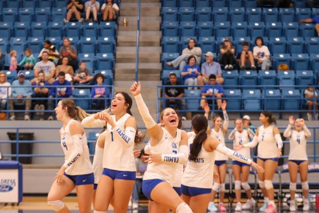 The Childress Lady Cats celebrate during a match against Fort Elliott.