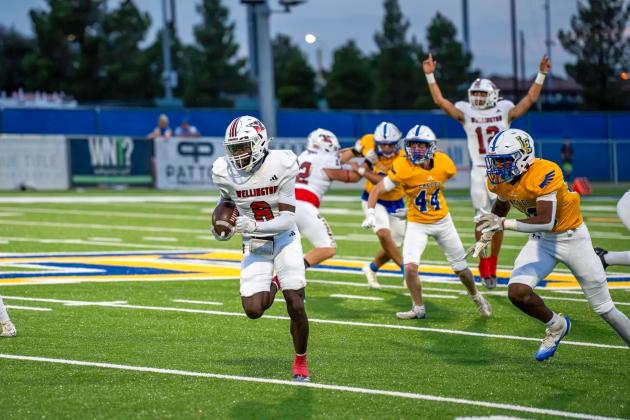 Wellington’s Kamron Brooks (8) amasses 105 receiving yards and two touchdowns during the Skyrockets’ 44-22 on-the-road victory over Lubbock Christian last Friday night, Sept. 19 at Masked Rider Capital Field. Senior Gustavo Soto (22) fends off the Eagles, while junior quarterback Callen Kane (12) completed 16-of-24 passes for 177 yards and four touchdowns.