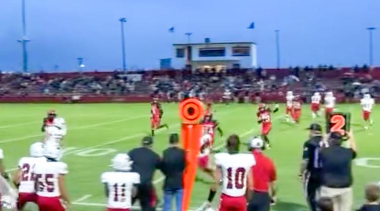 The Wellington Skyrocket offensive line gets into position, while quarterback Callen Kane spots his receiver and completes the pass Friday, Sept. 5 at Bomber Bowl in Frederick, Okla., where the Skyrockets took a 23-13 win, putting together a strong second half.