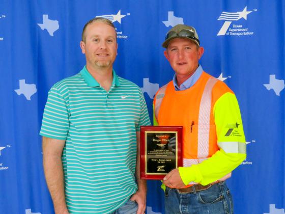 Reagan Elliott, Equipment Operator for Motley County Maintenance, is the recipient of the Terry L. Keener award. Elliott, right, began his career in the Childress District in 2017 as a General Transportation Tech.