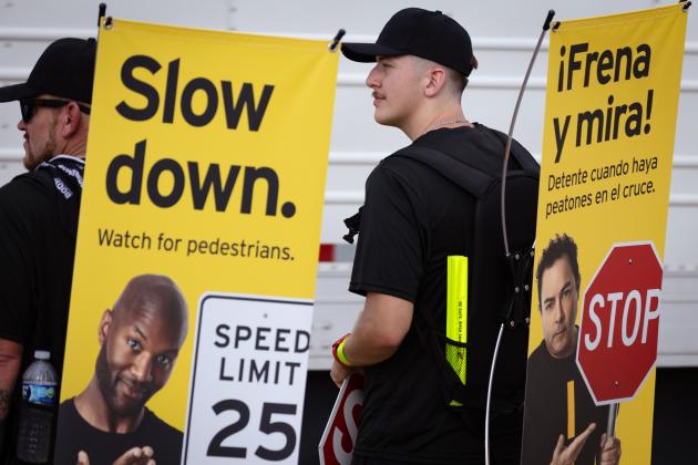 During the deadliest month of the year for pedestrians, the Texas Department of Transportation targets areas of high pedestrian activity and previously reported pedestrian crashes with street teams of “walking billboards,” which display key safety messages for drivers and pedestrians, Monday, Oct. 6 in Childress.