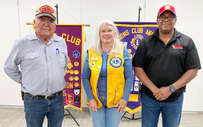 Wellington Boss Lion Lori O’Rear welcomes Glynn Moore Veterans of Foreign Wars Post 6439 Quartermaster Jr. Castillo, left, and Post Commander Rodney Bishop to the Monday, Oct. 6 meeting at the Bura Handley Community Center Club Room. Housed on the first floor of the courthouse, Castillo also serves as the Collingsworth County Veterans Service Officer.