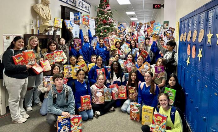 Childress Junior High School (CJHS) seventh-grade Leadworthy students collect over 70 cereal boxes to donate to the Childress Food Pantry. “Service is a core value at CJHS,” CJHS Principal Janet Pierce said. “We believe when we can give to others, we give to ourselves too.”