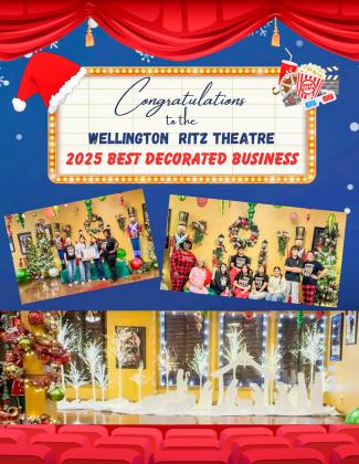 The Collingsworth County Chamber of Commerce congratulates the historic Wellington Ritz Theatre for being chosen the 2025 Best Decorated Business. Elegantly attired in shimmering Christmas trees and sparkling holiday trinkets, be sure to view both the interior and exterior holiday décor.
