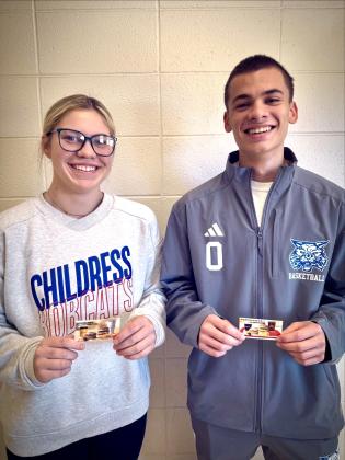 Childress’ Emma Jalomo and Caleb Moore are the McDonald’s Wednesday Whoppers of the Week, thanks to recent game-aiding plays. Jalomo averaged 17 points over the last five games, helping lead her team to the Brady Tournament Championship, while Moore averaged 15 points over the last five games, leading his team to a 4-1 record. Moore was also selected to the Childress Rotary Holiday Basketball Invitational All-Tournament Team.