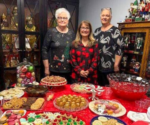 Collingsworth County Museum serves as a destination for the Hearts United Give Support (HUGS) 2025 Holiday Home Tour, offering refreshments and a place for fellowship. From left: HUGS volunteers Nancy Harris, Karen Caldwell and Debra Belew.