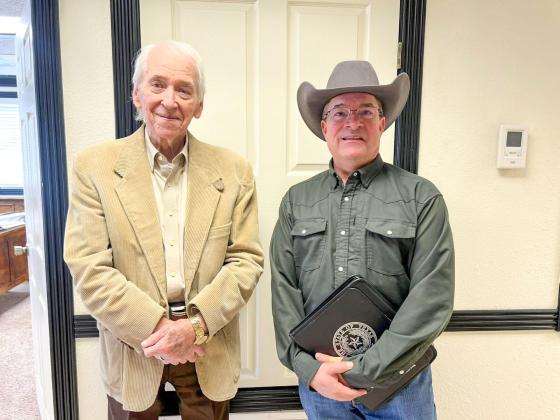 Rep. Ken King makes a tour stop in Memphis, visiting with Hall County Judge Ray Powell Tuesday, Dec. 2.